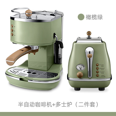 半自动咖啡机古达+多士炉+电水壶三件套复古系列 橄榄绿二件套B咖啡机+多士炉