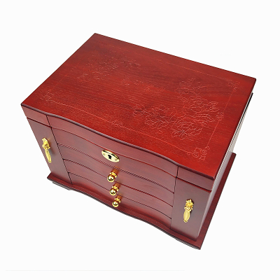 首饰收纳盒木质精致简约大容量超大欧式首饰盒米魁古风中国风 全锁款波浪造型-红木色牡丹花