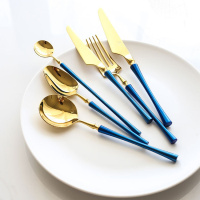 （苏宁别墅图纸）不锈钢西餐具家用牛排刀叉勺子 小蛮腰亮光蓝金红款四件套装（客户）