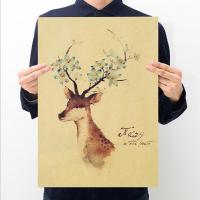 北欧极简风经典复古怀旧牛皮纸咖啡店餐厅酒吧壁纸寝室房间挂画海报画 文字系列宿舍装饰壁纸贴画 F102一个小鹿 52*36