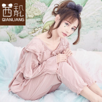 茜靓睡衣女蕾丝公主睡衣女针织纯棉长袖套装甜美宫廷春秋季家居服