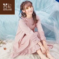 茜靓睡衣女夏季纯棉长袖性感韩版清新学生蕾丝宽松睡裙秋薄可外穿