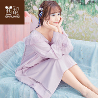 茜靓韩版宽松睡裙女夏长袖纯棉可爱大码长袖睡衣公主蕾丝家居服秋
