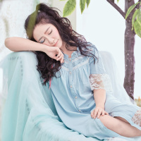 茜靓春夏新款公主蕾丝全棉睡裙宫廷开扣家居服夏天短袖气质睡裙女