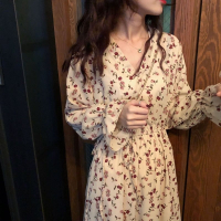 茜靓,CHYLLIRN2020春夏女装新款韩版法式碎花V领裙收腰显瘦中长款内搭雪纺连衣裙女