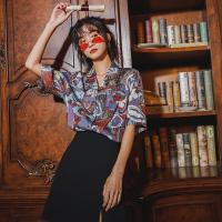 茜靓,CHYLLIRN衬衫女2020夏季新款韩风烟紫色碎花衬衫女宽松气质韩范半袖衬衣上衣