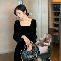 茜靓CHYLLIRN方领泡泡袖长款连衣裙女法式复古丝绒裙收腰显瘦气质裙子