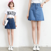 实拍春夏韩范复古高腰显瘦包臀A字牛仔短裙韩国bf学院风纯色