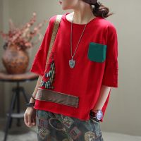 新款宽松夏季休闲百搭文艺复古贴布圆领短袖T恤女