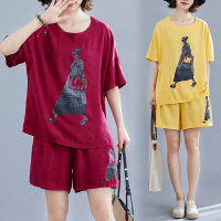 2020夏微胖妹妹洋气套装减龄宽松抽像印花短裤两件套