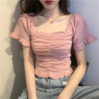 复古方领木耳边针织衫女春季新款短袖花瓣袖纯色修身学生休闲上衣