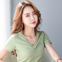 短袖t恤女装2020夏季新款纯色V领抽皱韩版修身打底衫女内搭上衣潮
