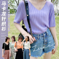 慵懒风V领短袖冰丝薄款针织衫女春夏韩版百搭宽松半袖套头上衣潮