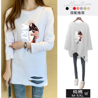 小v原模特纯棉大码女装2020秋季中国风印花破洞打底衫女