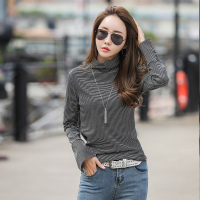 高领打底衫女加厚长袖2020新款韩版百搭纯棉t恤女条纹上衣服ins潮