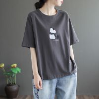 100%纯棉2020新款文艺印花圆领短袖T恤女宽松显瘦休闲大码体恤衫