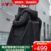 雅鹿羽绒服男中长款过膝连帽印花加厚青年帅气潮牌冬季工装外套D