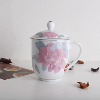 醴陵釉下五彩手绘瓷器阿斯卡利(ASCARI)茶杯带盖陶瓷礼品马克杯 国色天香
