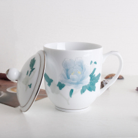 醴陵釉下五彩手绘瓷器阿斯卡利(ASCARI)茶杯带盖陶瓷礼品马克杯 白牡丹