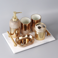 美式北欧洗漱卫浴套装五件套阿斯卡利(ASCARI)镀金牙刷架漱口杯浴室用品套件 金色六件套(含白色把手托盘)