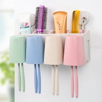 吸壁式牙刷架阿斯卡利(ASCARI)洗漱套装壁挂牙刷架漱口杯吸盘式刷牙杯自动挤牙膏器 777F小麦四口套装