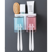 带挂钩痕粘胶牙刷架阿斯卡利(ASCARI)漱口杯壁挂式置物架创意洗漱用品牙具收纳架 透明杯两口牙刷架