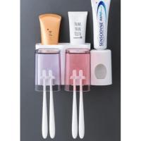 带挂钩痕粘胶牙刷架阿斯卡利(ASCARI)漱口杯壁挂式置物架创意洗漱用品牙具收纳架 透明杯两口牙刷架+挤牙膏器