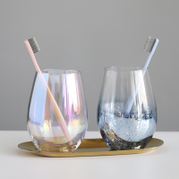 洗漱杯阿斯卡利(ASCARI)ins风蛋形玻璃杯漱口简约漱口杯北欧刷牙洗漱杯带托盘 彩色+蓝色杯+金托盘(不含牙刷)