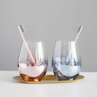 洗漱杯阿斯卡利(ASCARI)ins风蛋形玻璃杯漱口简约漱口杯北欧刷牙洗漱杯带托盘 粉色+蓝色杯金托盘(不含牙刷)