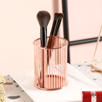 ins化妆刷桶桌面铁艺金色圆形美妆刷梳子收纳眉笔筒阿斯卡利(ASCARI)收纳盒北欧风 玫瑰金竖纹