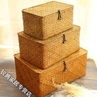 上新上新家用手工长方形收纳筐海编带盖编织桌面茶几藤编收纳盒新
