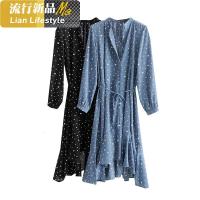 流行女装2019春季度假风宽松波点长袖系腰带不规则下摆中长款连衣裙_3