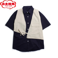 SHANCHAO妈个鸡妈 韩国ins日系复古两件套宽松工装马甲纯色短袖衬衫男女潮