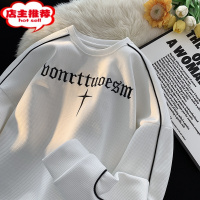 SHANCHAO刺绣华夫格卫衣男潮牌宽松oversize美式圆领无帽长袖t