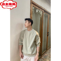 SHANCHAO薄款长袖圆领卫衣男灰绿色小领口套头衫纯色宽松情侣上衣