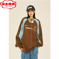 SHANCHAO原创设计机车长袖套头卫衣男女秋季新款街头潮牌宽松拼色圆领上衣