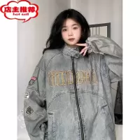 SHANCHAO美式复古机车vintage牛仔外套男女新款刺绣重工宽松情侣夹克