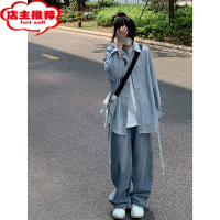 SHANCHAO浅蓝色小众高级感裤子美式高街男秋季工装牛仔裤日系宽松阔腿裤潮