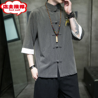 SHANCHAO唐装男夏天潮牌复古中国风竹子刺绣薄款亚麻七分袖衬衫中山装盘扣