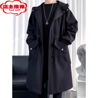 SHANCHAO大码中长款风衣男宽松大衣加肥加大潮胖子春季休闲连帽外套