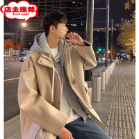 SHANCHAO假两件外套男秋季新款潮牌宽松百搭情侣款连帽风衣美式港风呢大衣