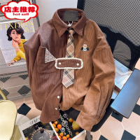 SHANCHAO美式复古撞色小狗刺绣领带衬衫男女设计感小众港风灯芯绒衬衣外套