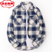 SHANCHAO长袖衬衫男春季法兰绒休闲格子大码磨毛保暖衬衣外套男
