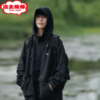 SHANCHAO孤僻星球美式复古休闲多口袋机能冲锋外套ins男女黑色连帽夹克