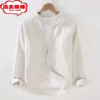 SHANCHAO无领纯亚麻衬衫男装休闲长袖衬衣外套圆领薄款棉麻布上衣服
