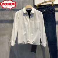 SHANCHAO香港潮牌新款净色简约翻领衬衫男士修身长袖衬衣休闲百搭外穿上衣