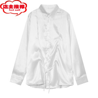 SHANCHAO 韩版高级感白衬衫男长袖休闲系带设计感宽松亮面痞帅衬衫
