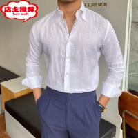 SHANCHAO鹿三先生男士英伦意式亚麻大尖领修身长袖衬衫复古休闲百搭衬衣男