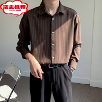 SHANCHAO23高级感墨绿色冰丝条纹衬衫男长袖宽松丝滑免烫休闲衬衣时尚