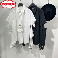 SHANCHAO原创潮男暗黑系个性拼接宽松工装长袖衬衣原宿风潮流机能痞帅上衣